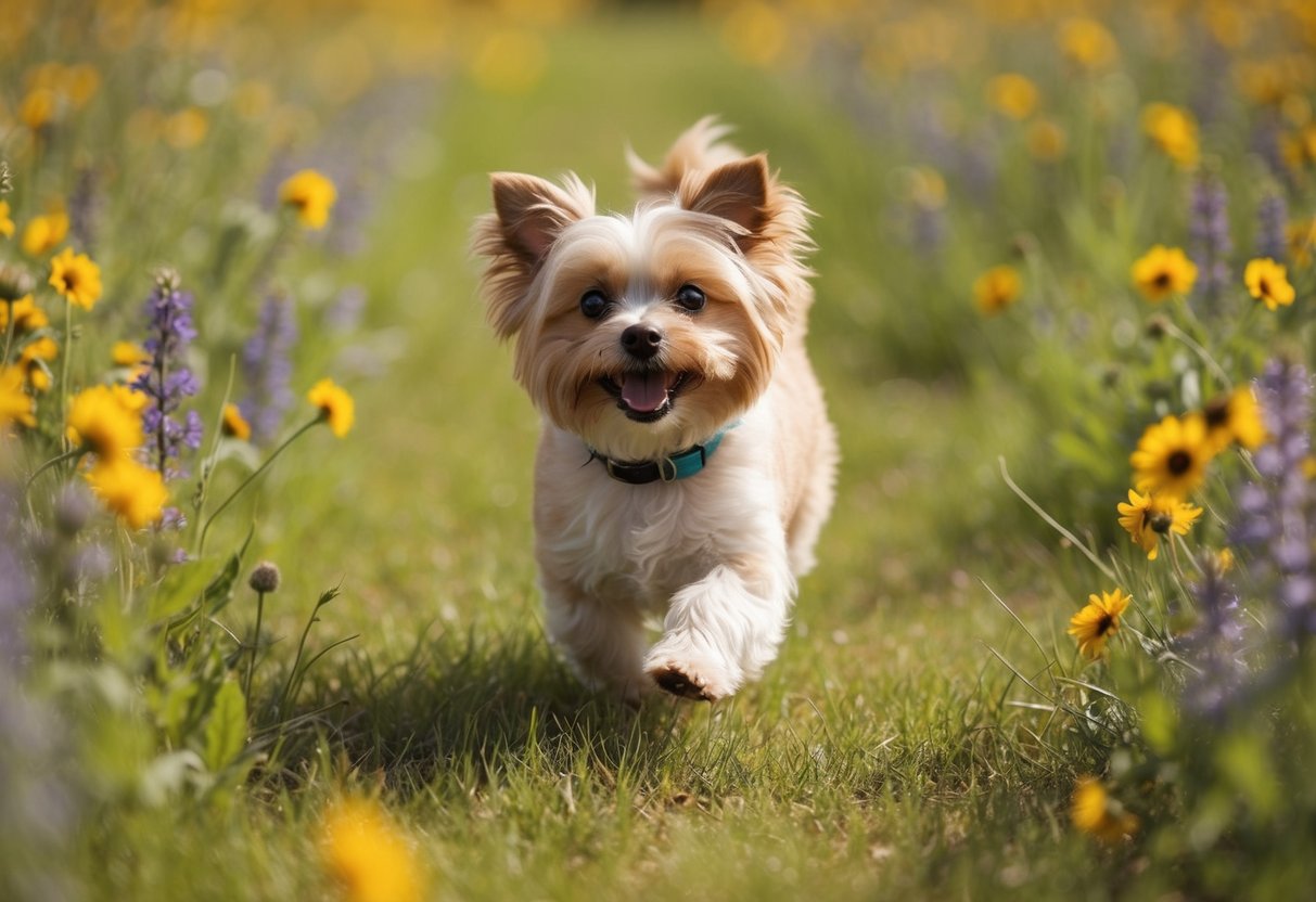 A small, fluffy dog with a wagging tail, bounding through a field of wildflowers with a big smile on its face