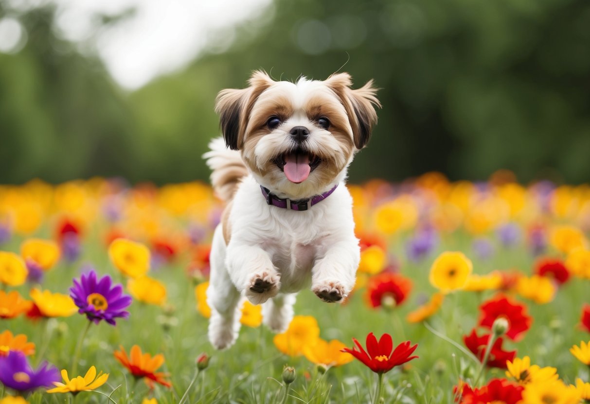 A small, joyful Shih Tzu leaps playfully in a field of colorful flowers, tail wagging and tongue out in a big, happy smile