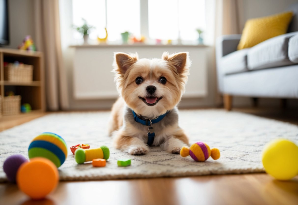 A small, fluffy dog with a wagging tail and a big smile, surrounded by toys and treats in a bright, cozy living room