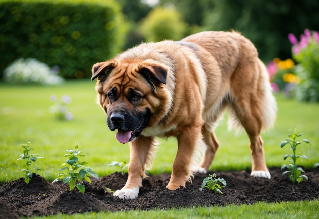 A large, energetic dog with a thick, wiry coat and a strong, muscular build, looking mischievous as it digs up a freshly planted garden