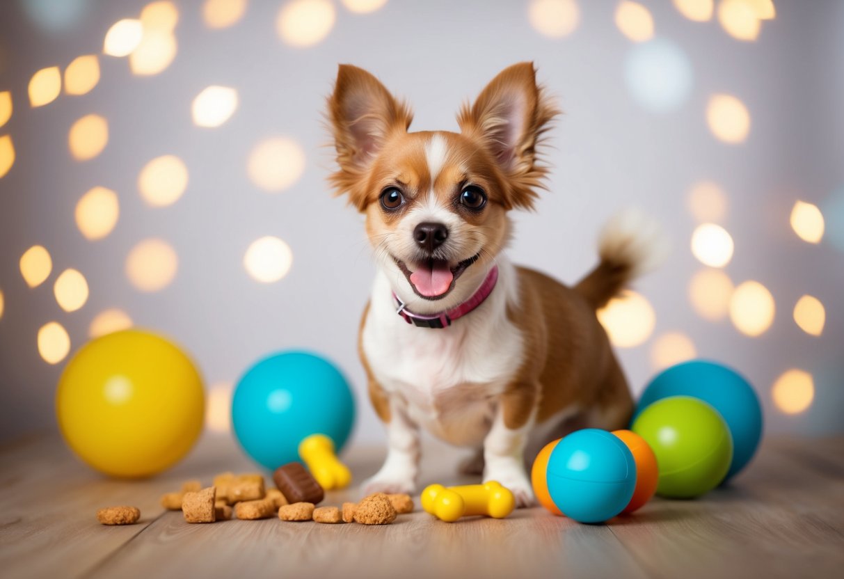 A small dog with a wagging tail, bright eyes, and a big smile, surrounded by toys and treats