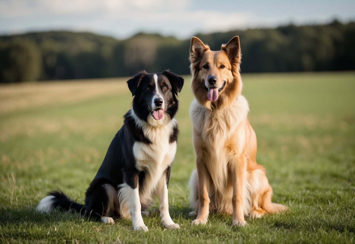 A dog sitting beside a shepherd in a pastoral setting