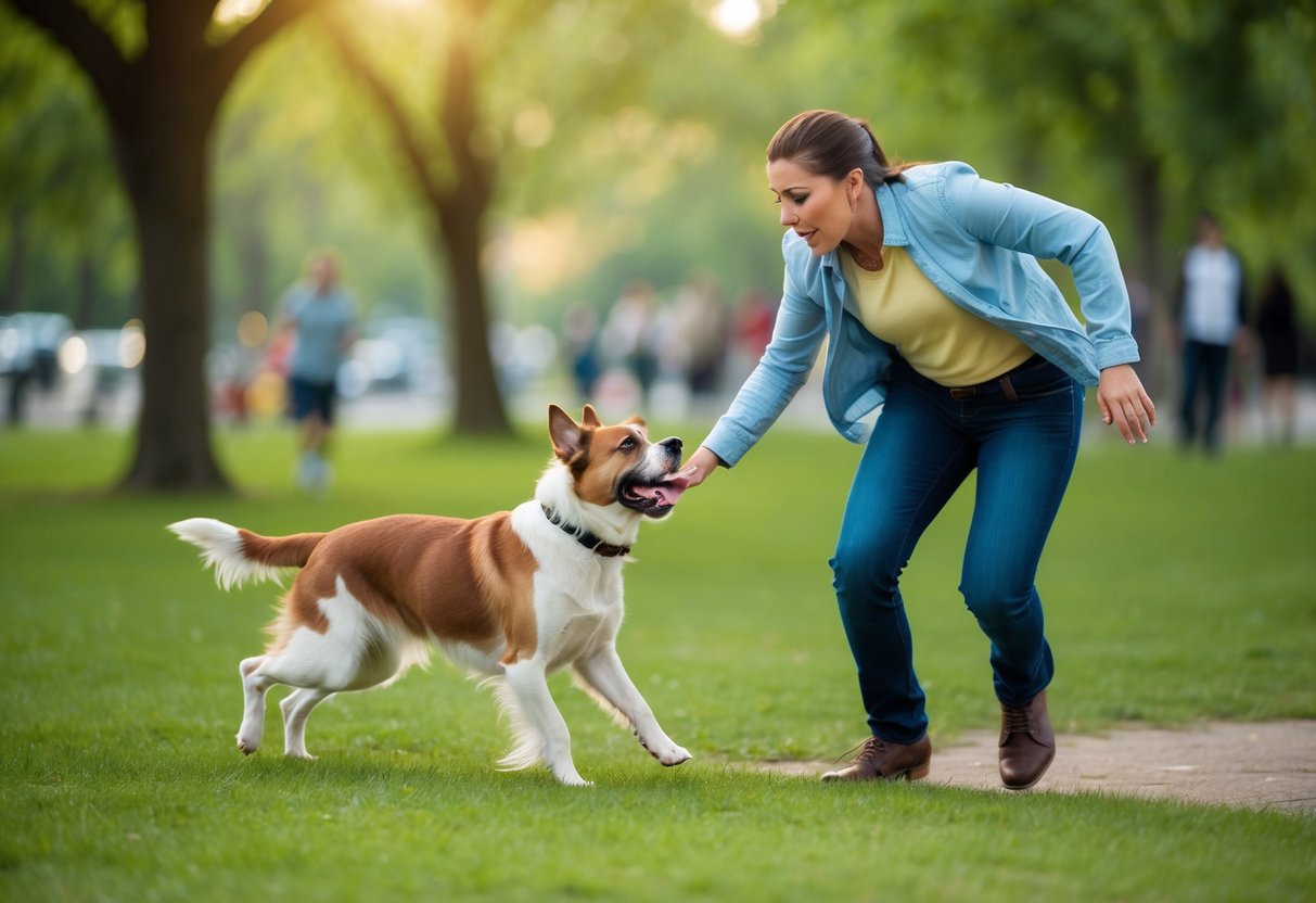 A frustrated owner struggles to control a high-energy, stubborn breed of dog during a chaotic walk in the park