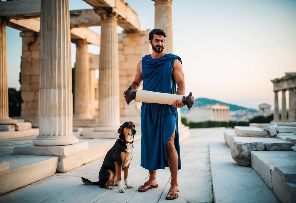 A Greek man holding a scroll with a dog at his feet, surrounded by ancient Greek architecture
