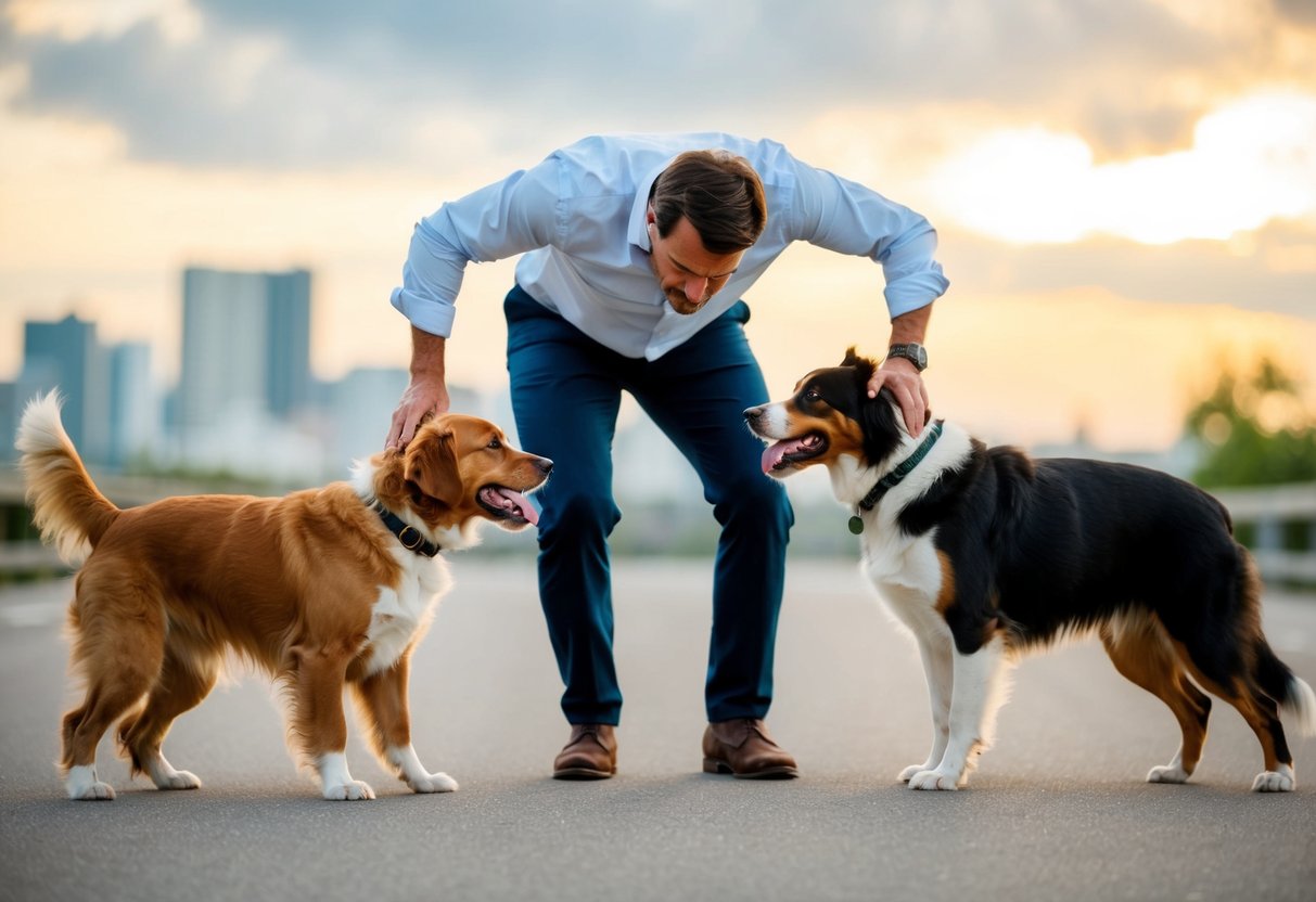 A frustrated owner struggles to control a hyperactive dog, while another dog obediently follows commands