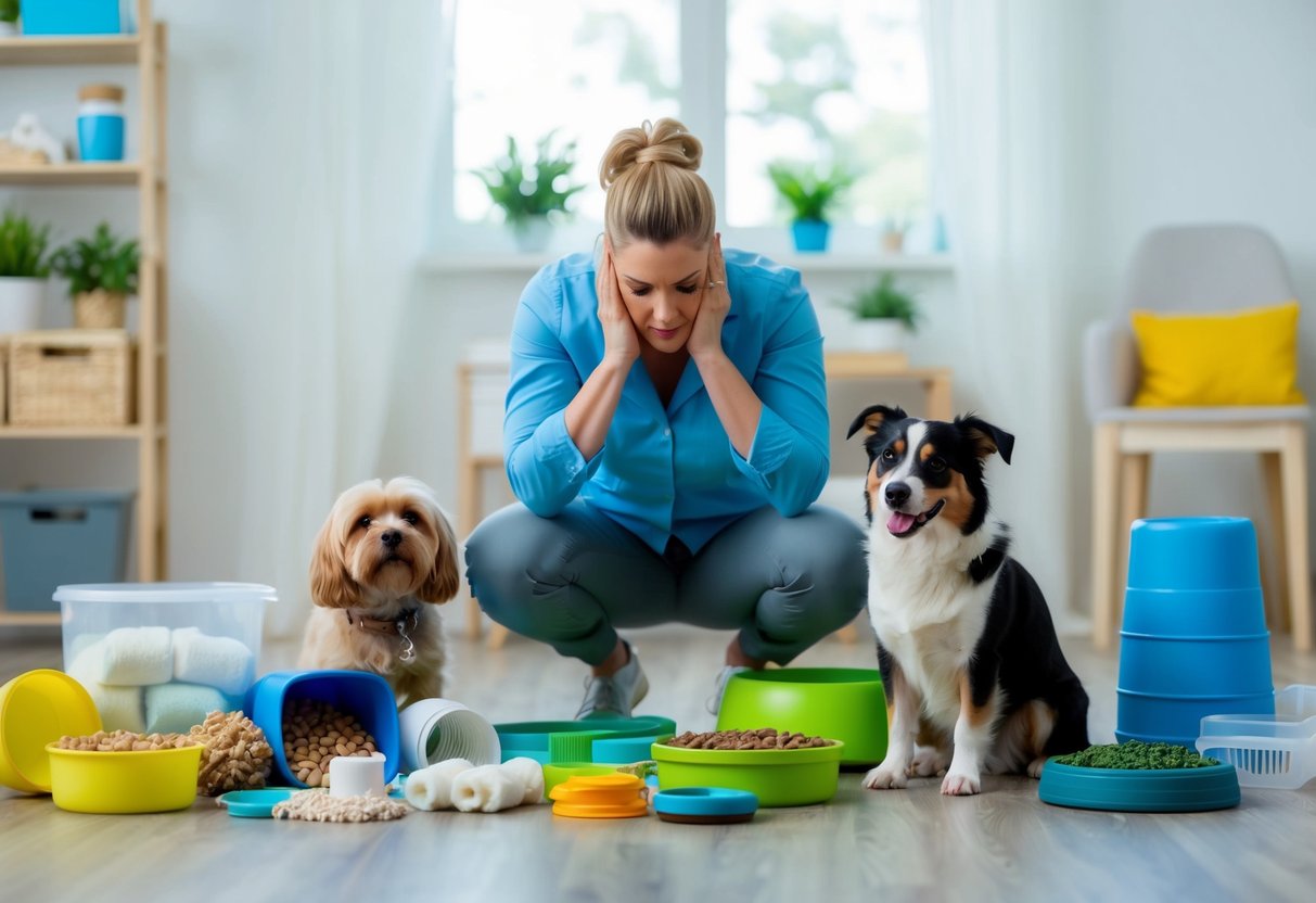 A busy dog owner surrounded by various pet care items and resources, looking overwhelmed while trying to manage a high-energy dog breed