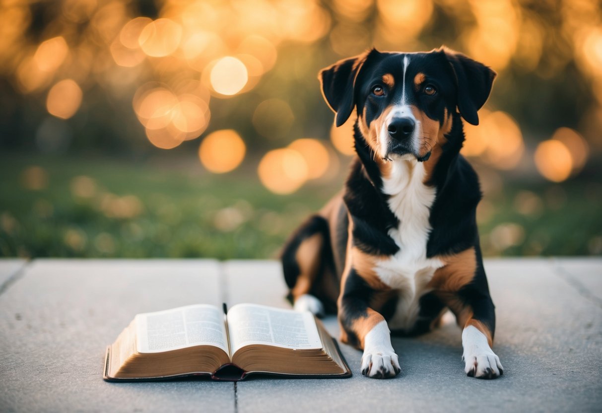 A dog sitting next to a Greek Bible