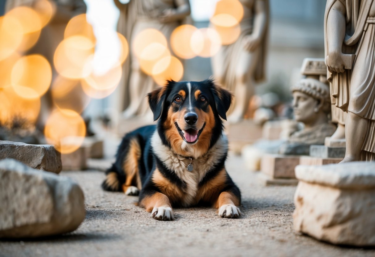 A dog lying at the feet of a shepherd, surrounded by ancient Greek artifacts