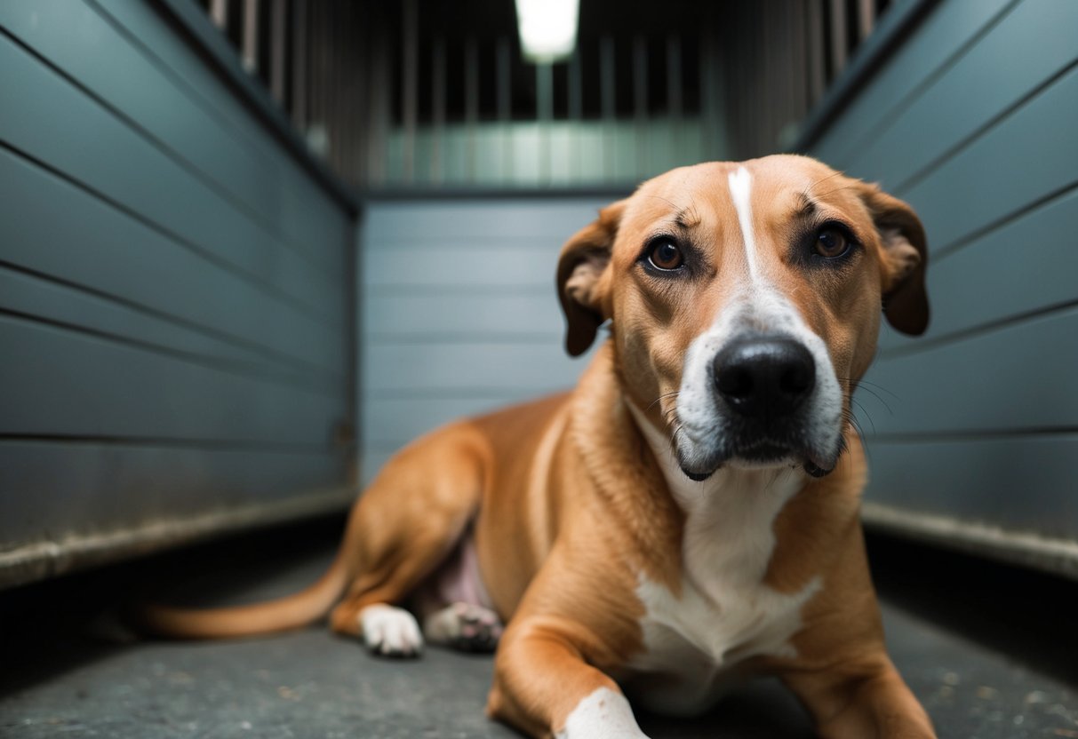 A shelter dog with scars and a wary expression, overlooked by potential adopters, sits alone in a dimly lit kennel