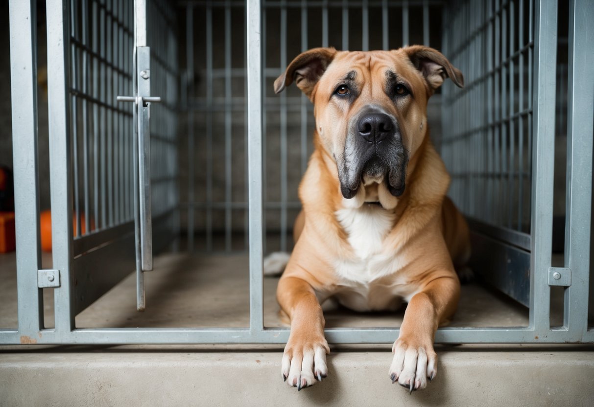 A large, older dog with a graying muzzle sits sadly in a shelter kennel, overlooked by potential adopters in favor of younger, smaller dogs