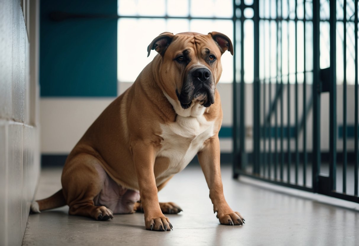A large, older dog with scars and a wary expression sits alone in a shelter, overlooked by potential adopters