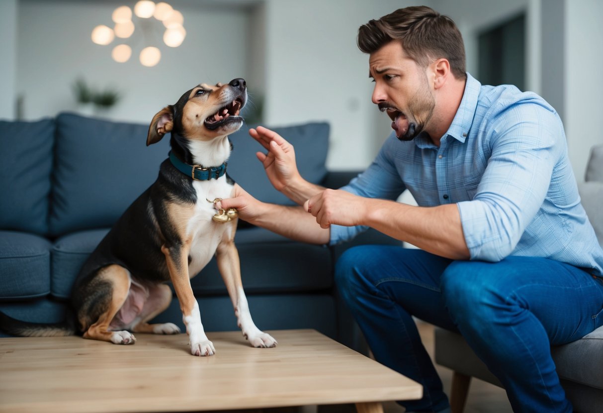 A frustrated dog owner struggles to train a stubborn adolescent dog, as the canine ignores commands and chews on furniture
