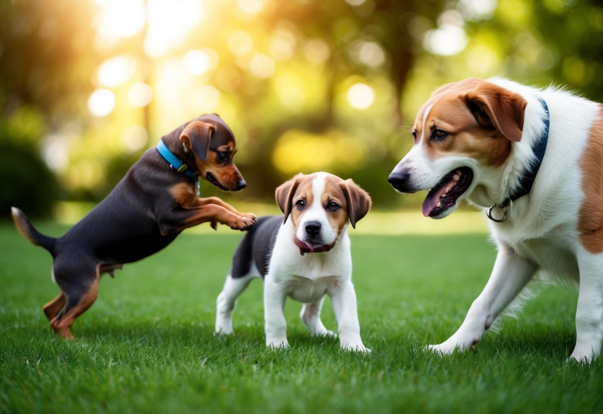 A puppy struggles to focus on training, while an older dog shows signs of resistance