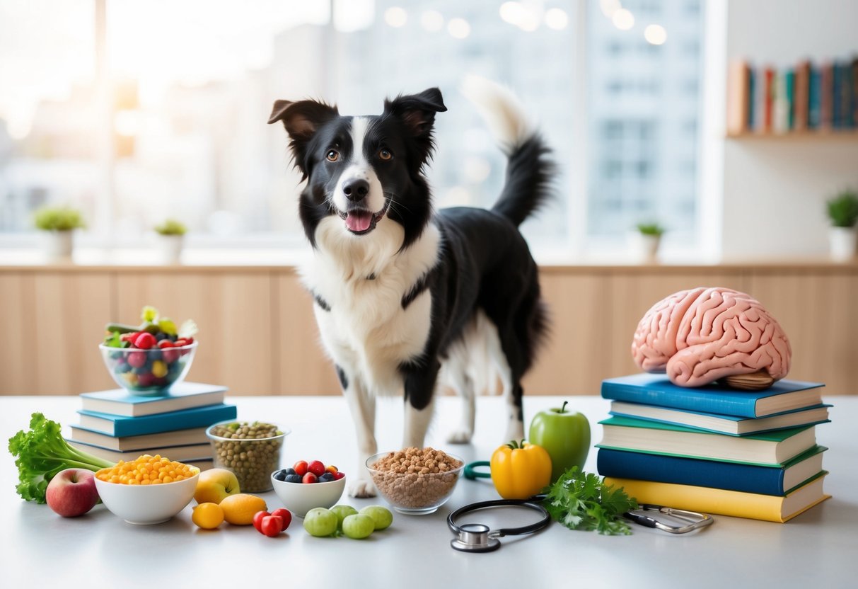 A border collie standing alert, surrounded by various healthy food items and a stack of books, with a stethoscope and a brain model nearby