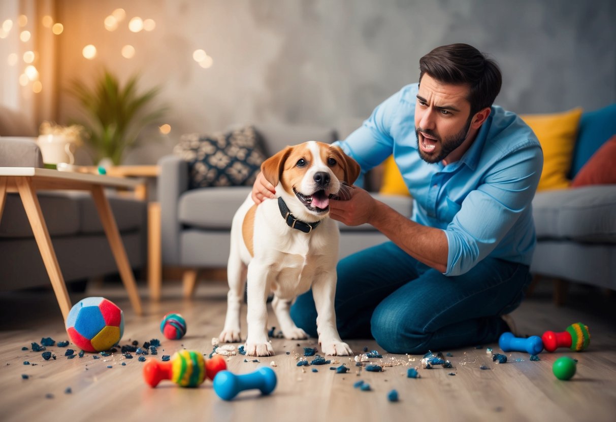 A frustrated owner struggles to train a rebellious puppy, surrounded by chewed furniture and scattered toys