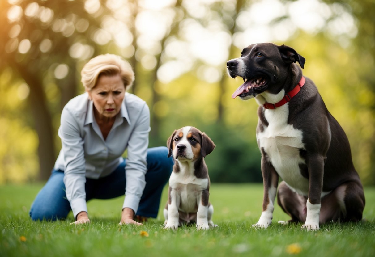 A puppy stubbornly ignores commands while an older dog shows signs of frustration during a training session