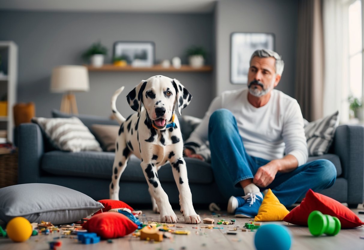 A tired owner watches as a mischievous Dalmatian puppy causes chaos in a living room filled with torn pillows and scattered toys