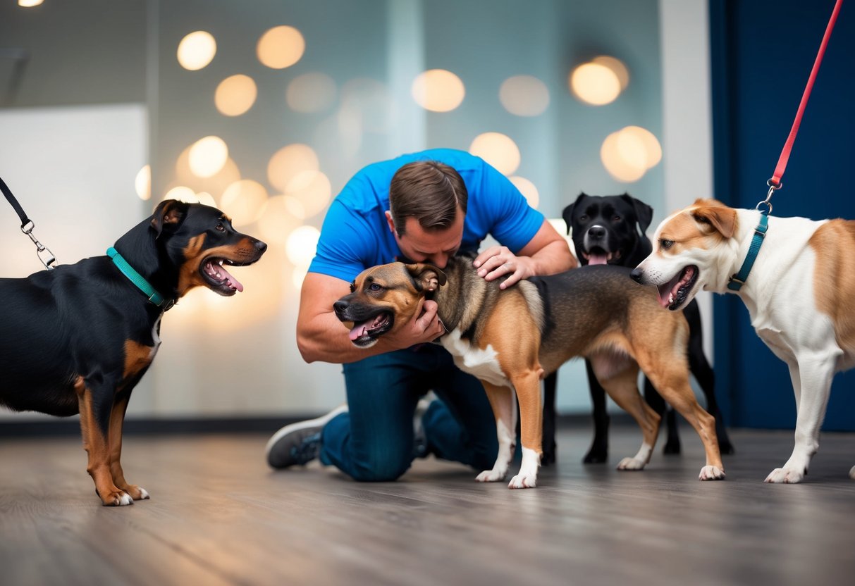 A frustrated owner struggles to control a stubborn and aggressive breed of dog, while other dogs appear well-behaved