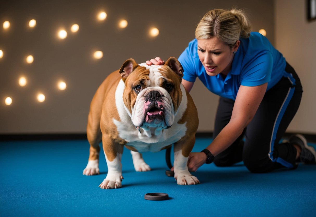 A stubborn bulldog refuses to obey commands during a training session, while the frustrated trainer tries to maintain control