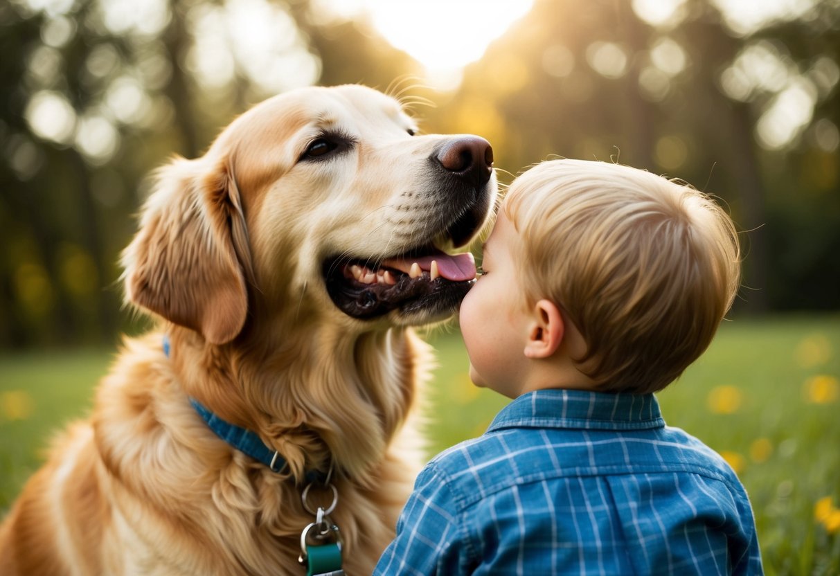 A golden retriever gently nuzzling a small child with a big smile on its face