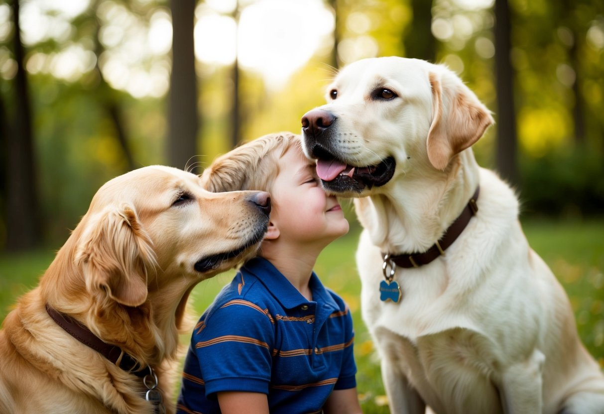 A Golden Retriever gently nuzzling a child, while a Labrador leans in for a friendly lick