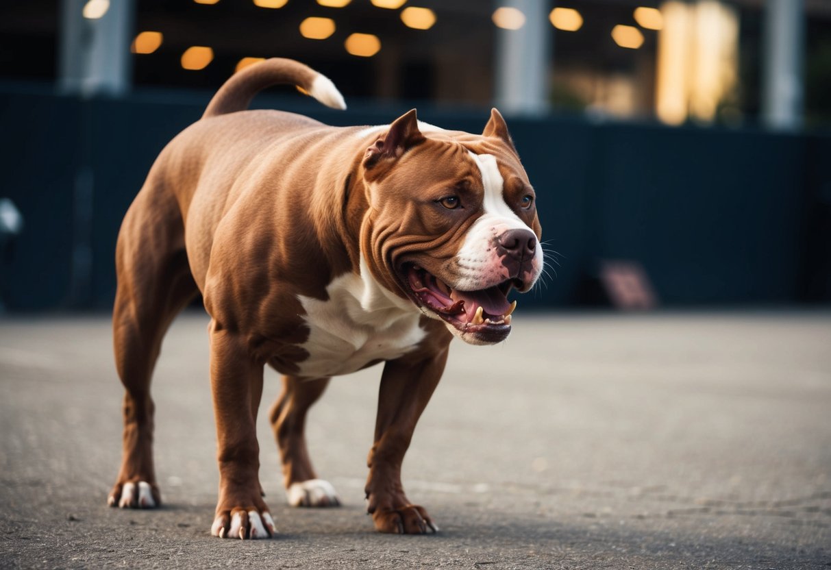 A snarling, muscular pit bull stands ready to defend, teeth bared and eyes locked on its opponent