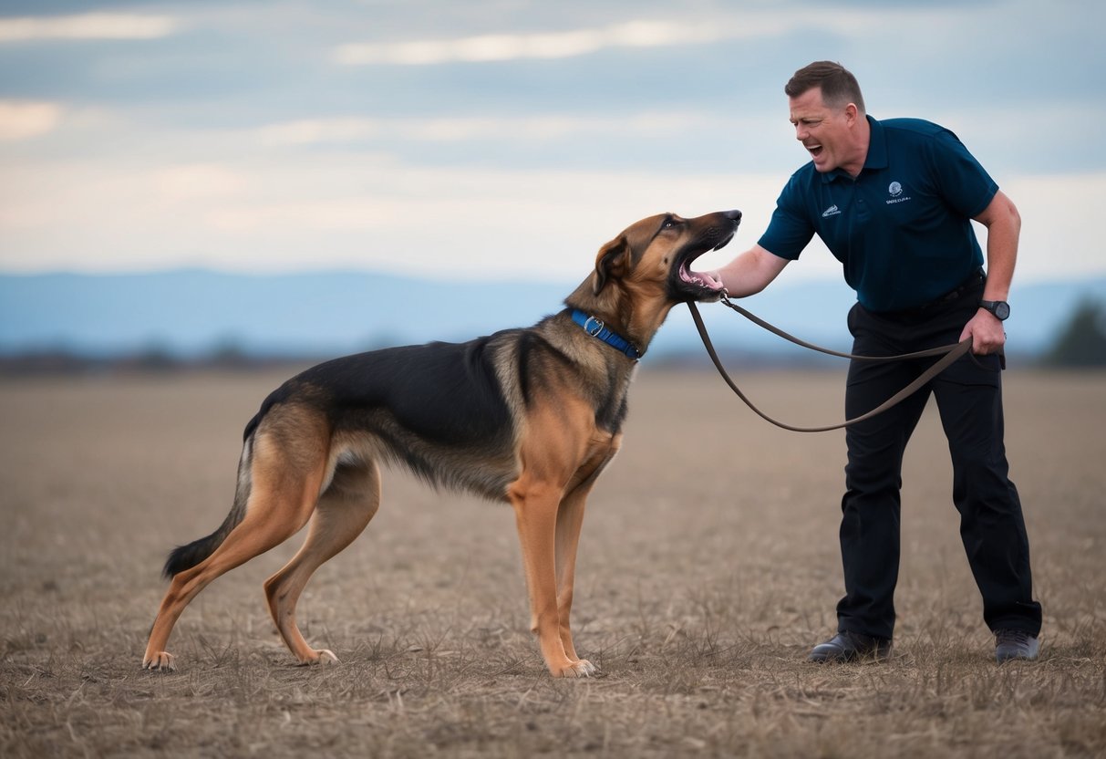 A snarling wolfhound resists a leash, towering over a frustrated trainer in a barren field