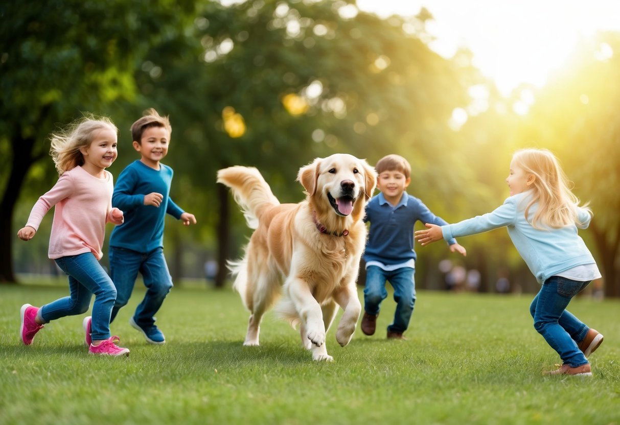 A golden retriever joyfully playing with children in a sun-drenched park, wagging its tail and exuding pure happiness