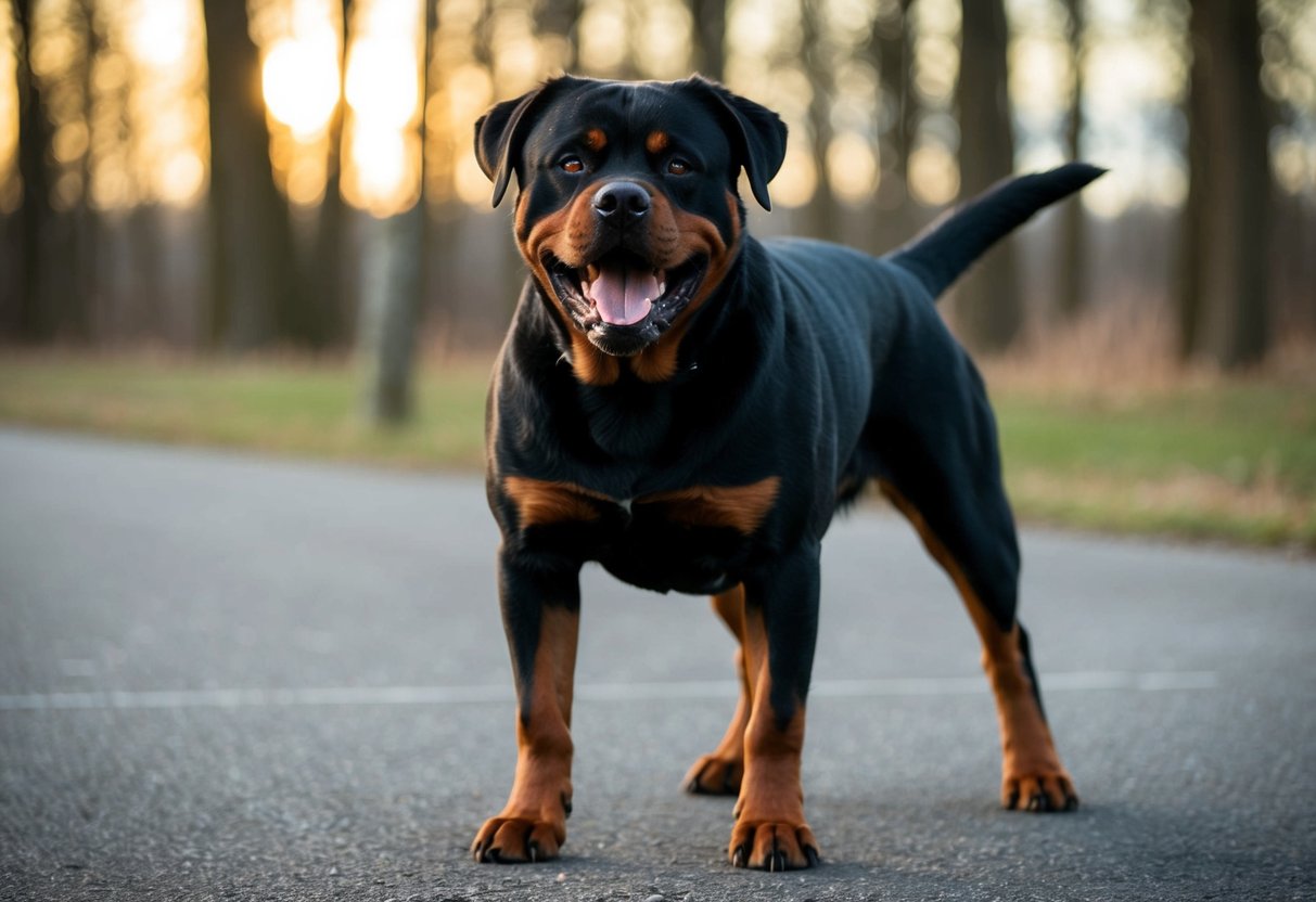 A muscular Rottweiler stands in a defensive stance, teeth bared and growling, ready to protect its territory
