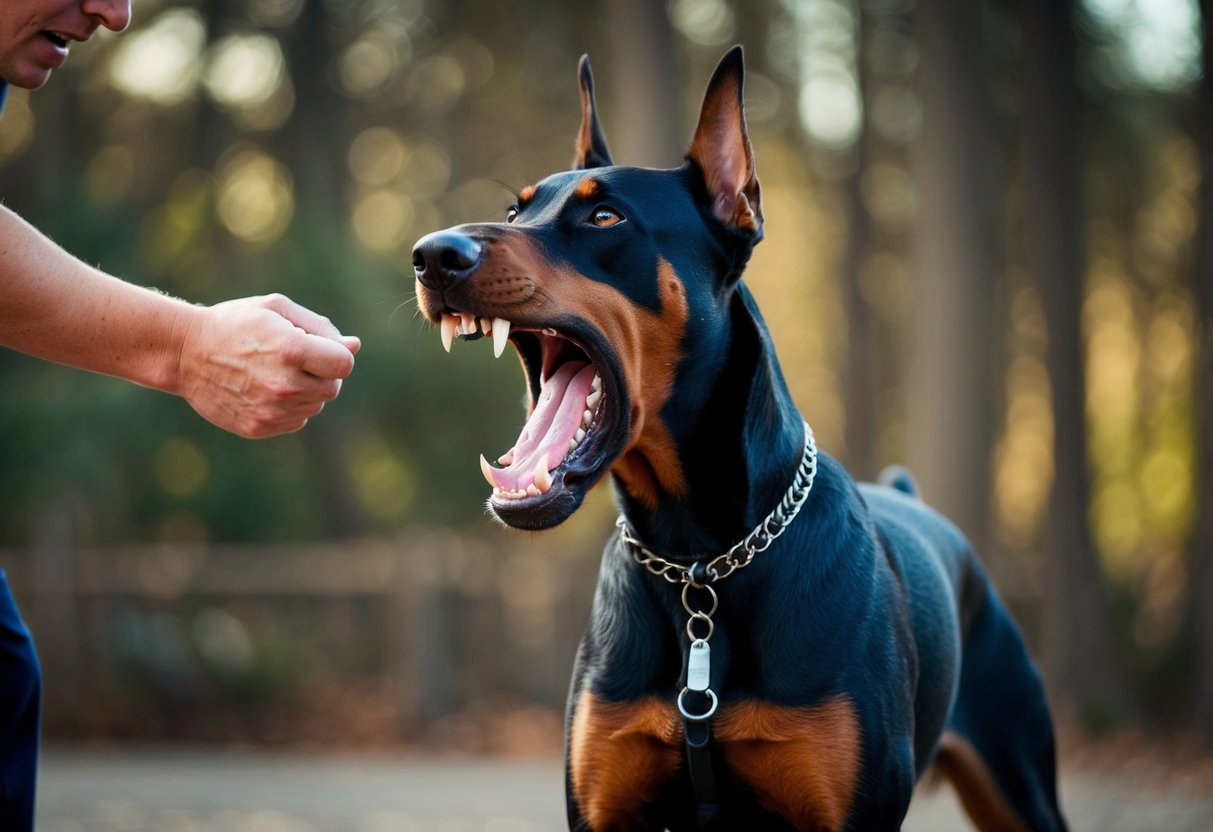 A snarling, aggressive Doberman pinscher, baring its teeth and growling fiercely, standing defiantly against its trainer's attempts to tame it