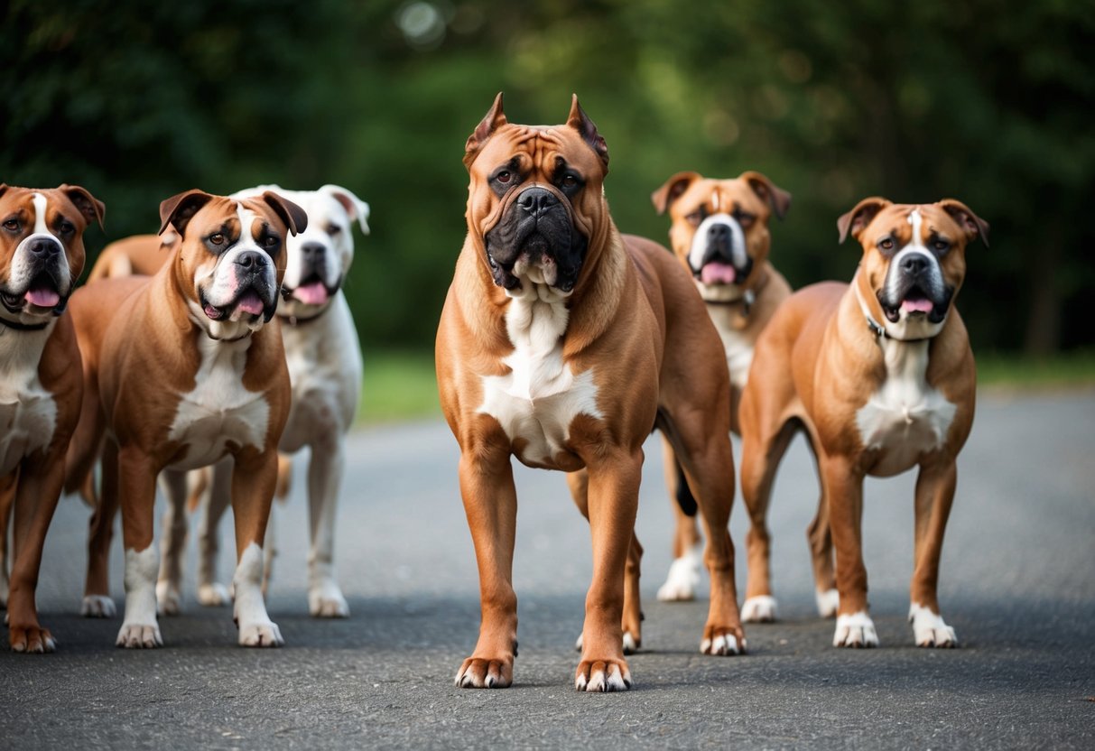 A large, muscular dog stands confidently, surrounded by a group of other dogs. Its body language exudes dominance and strength, making it clear that it is not one to be challenged easily