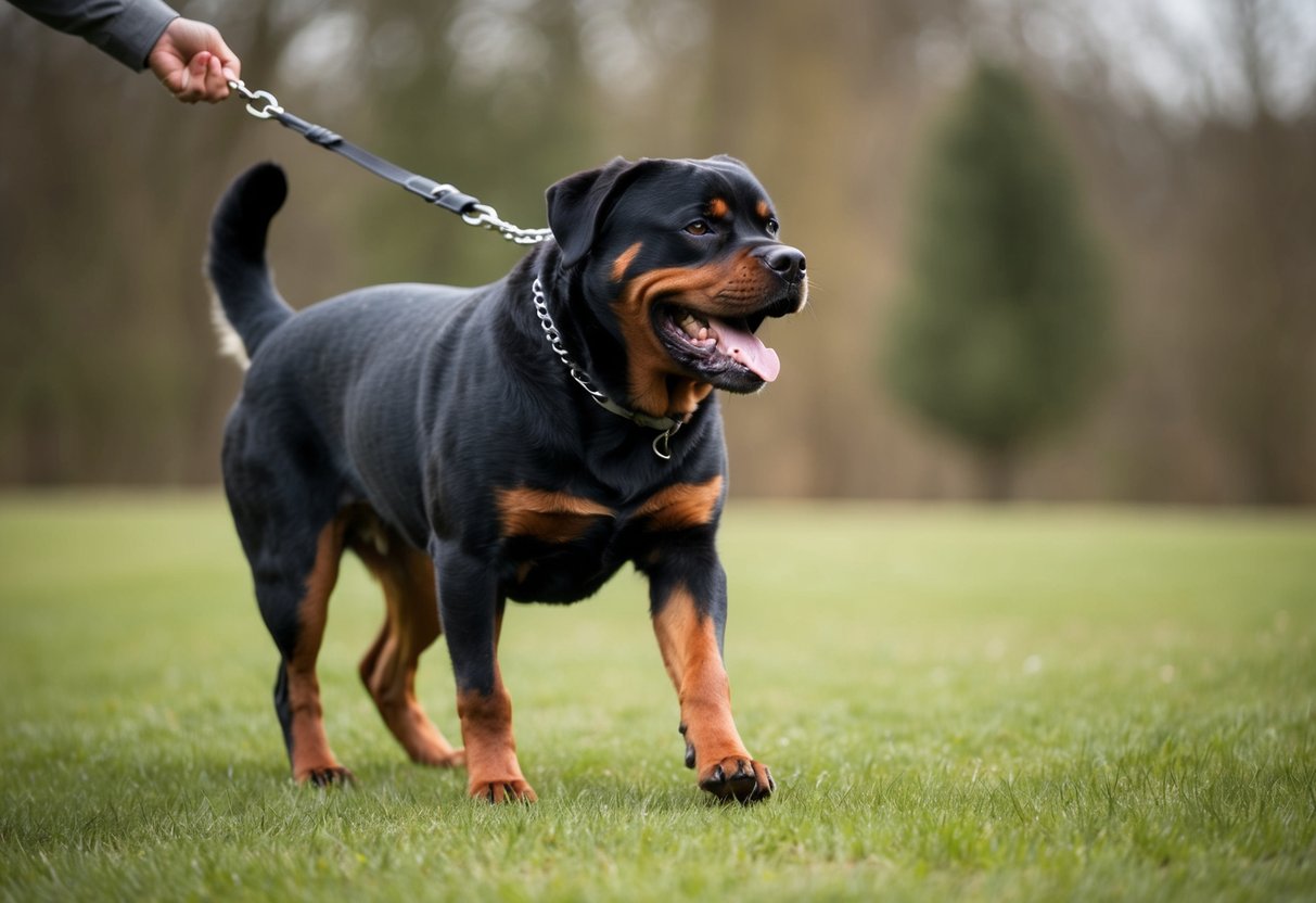 A large, unruly Rottweiler refuses to obey commands, pulling on its leash and barking aggressively