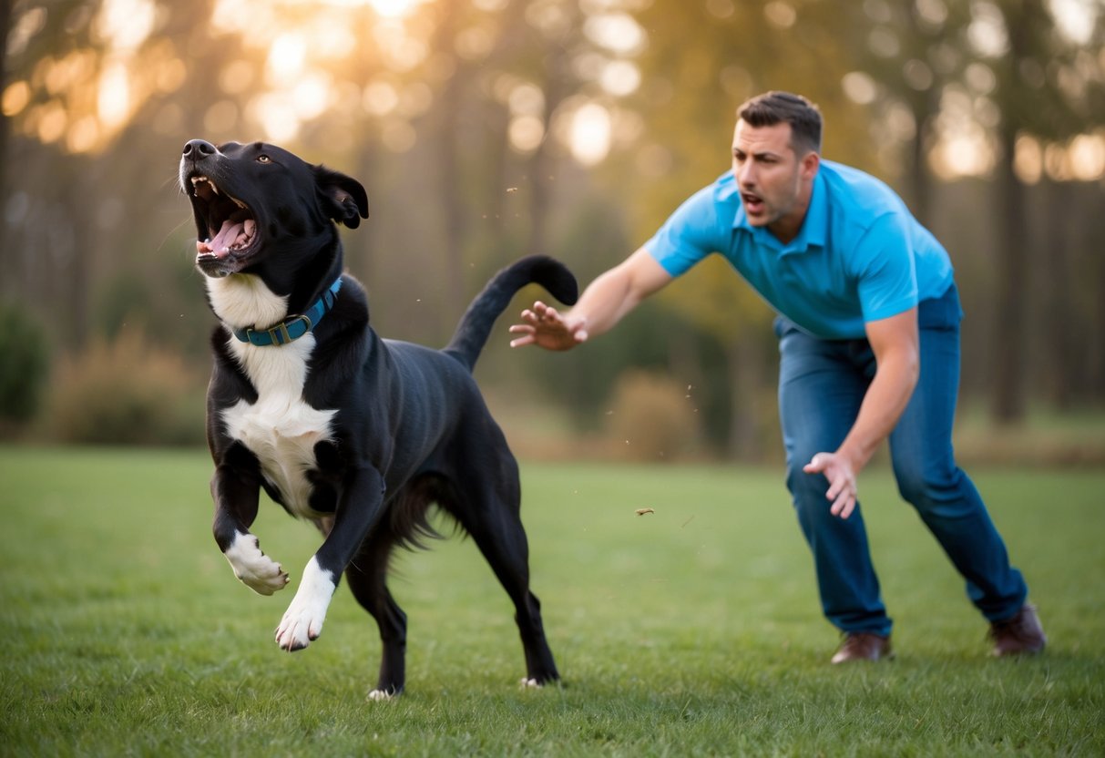 A large, unruly dog barking and jumping, while a frustrated owner tries to control it