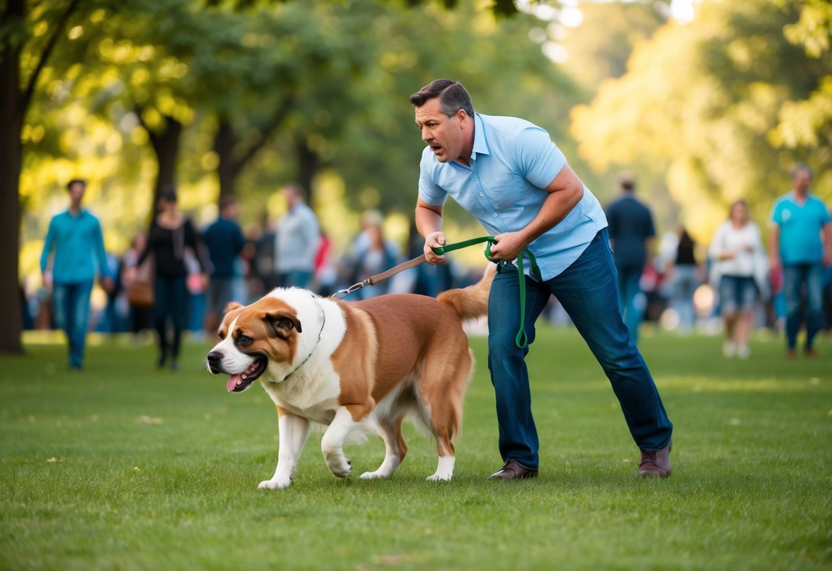 A frustrated owner struggles to control a large, unruly dog on a leash in a crowded park