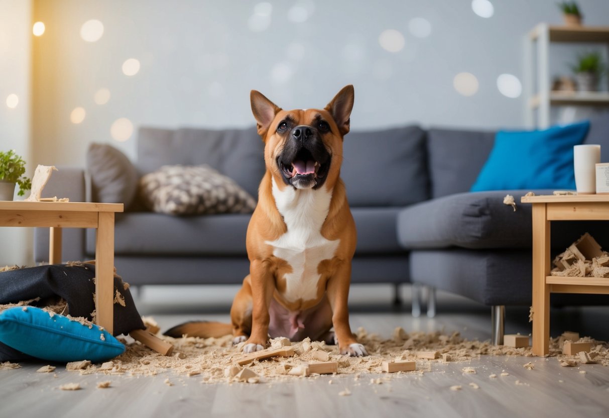 A stubborn, aggressive dog refusing to obey commands, surrounded by torn up furniture and chewed belongings