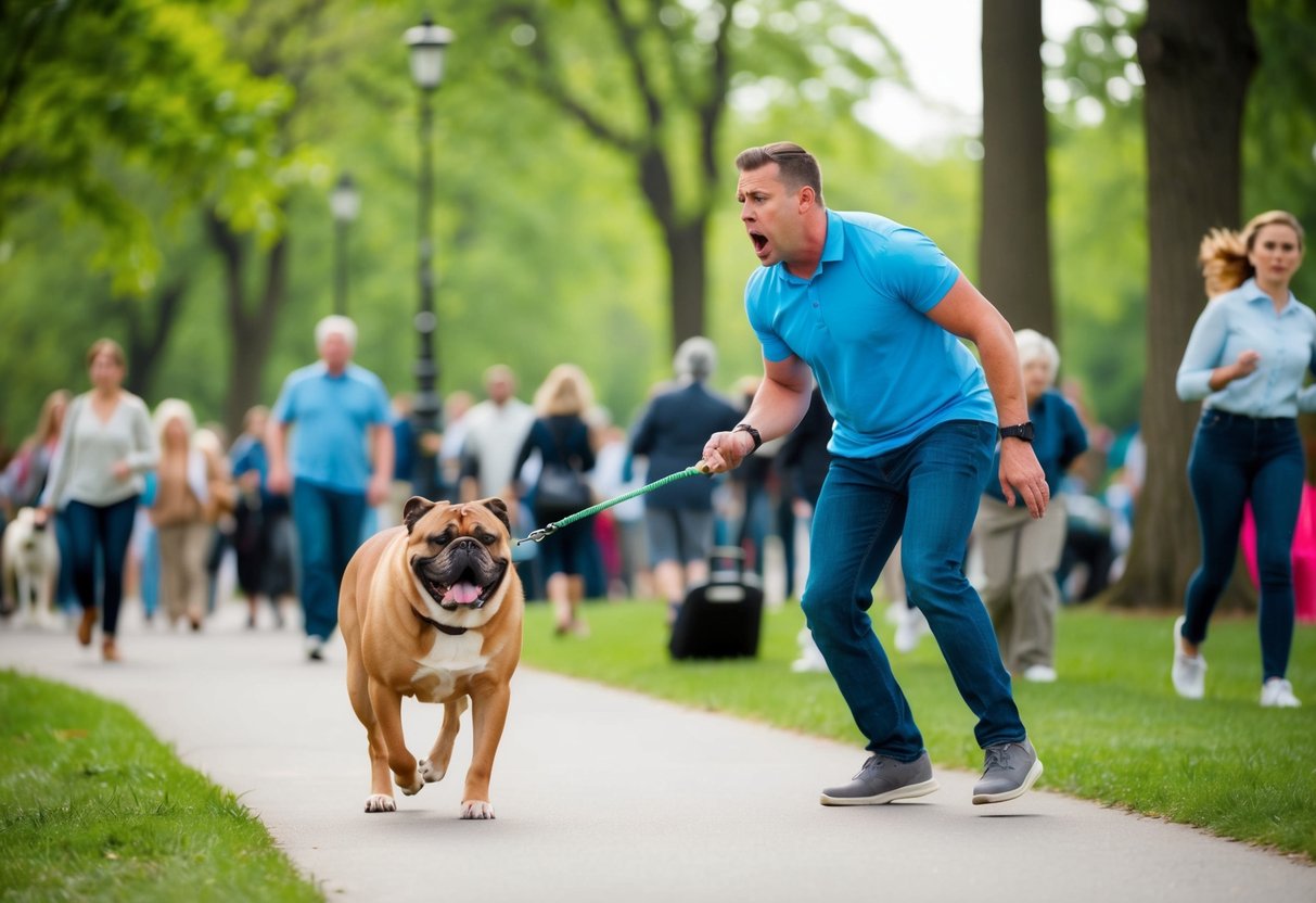 A frustrated owner struggles to control a large, stubborn dog pulling on its leash during a walk in a crowded park