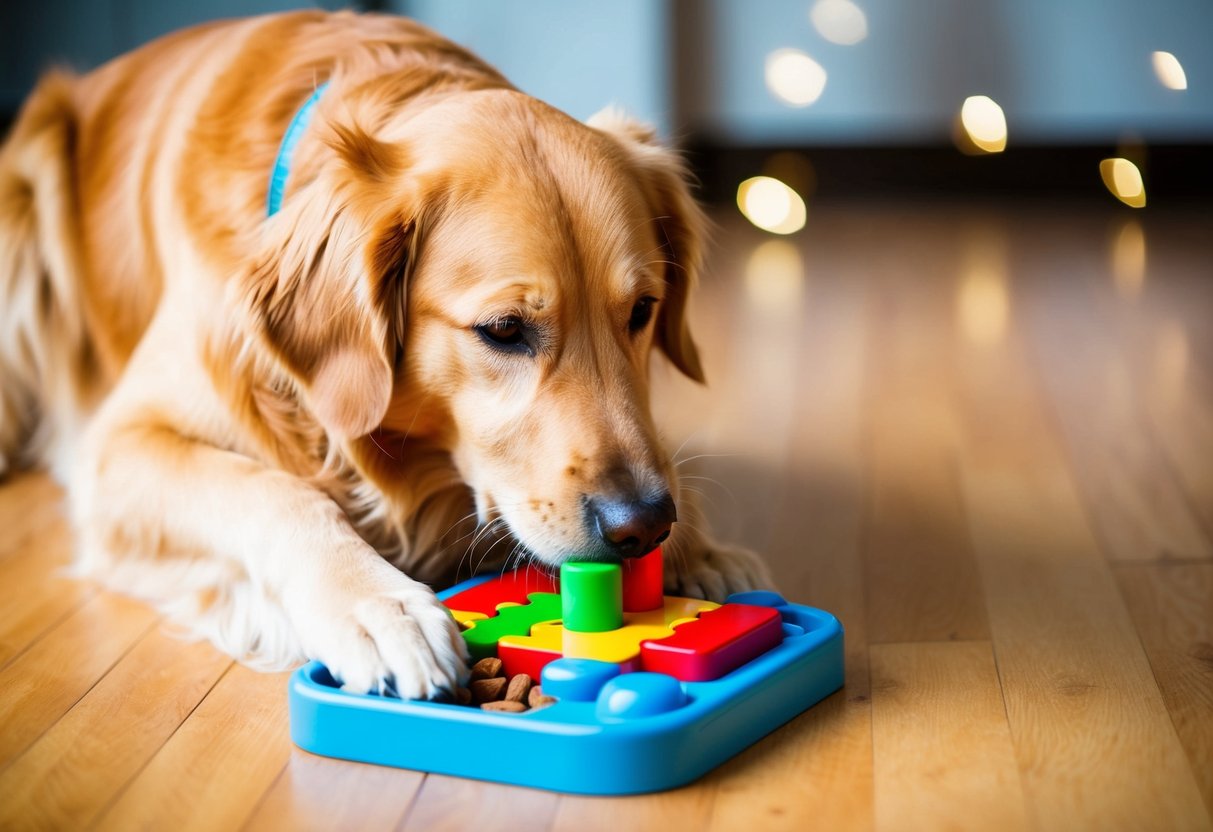 A golden retriever solving a puzzle toy with treats inside