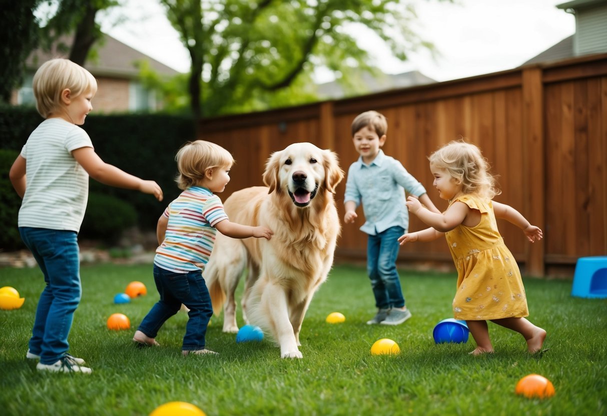 A golden retriever calmly plays with children in a backyard