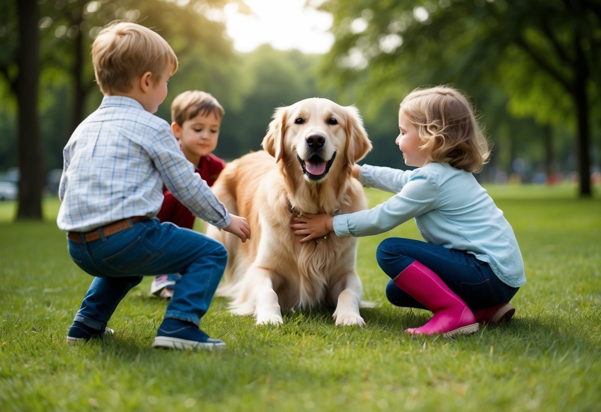 A golden retriever playing gently with children in a park