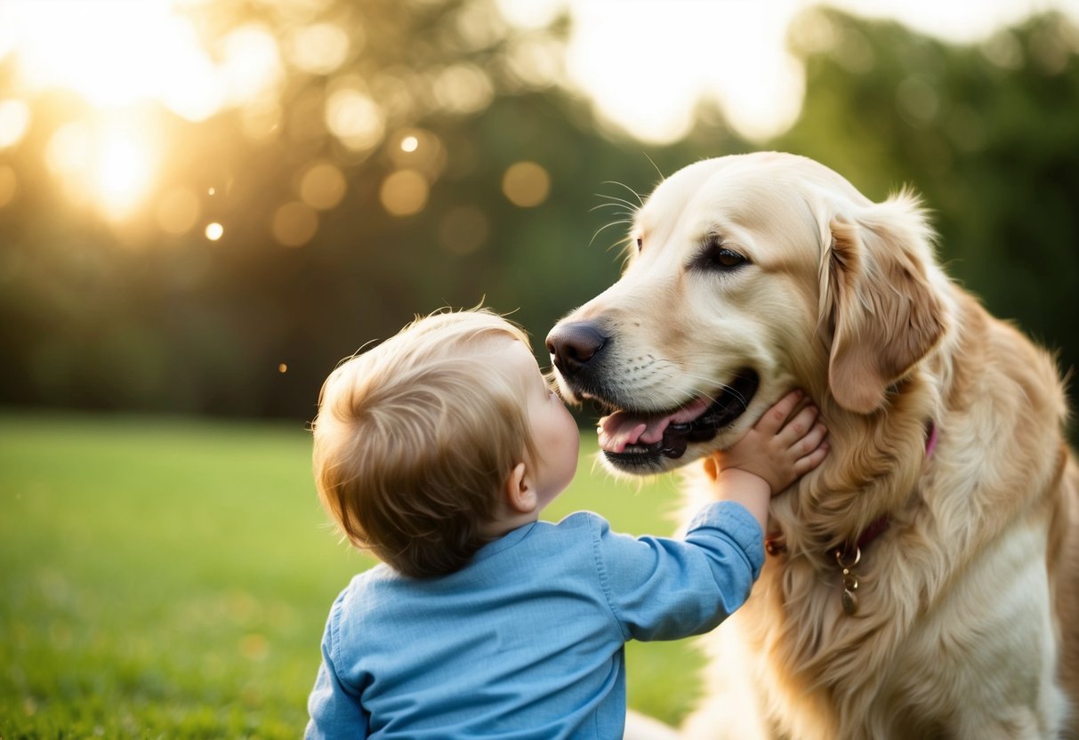 A golden retriever gently nuzzling a small child with a wagging tail and a warm, friendly expression