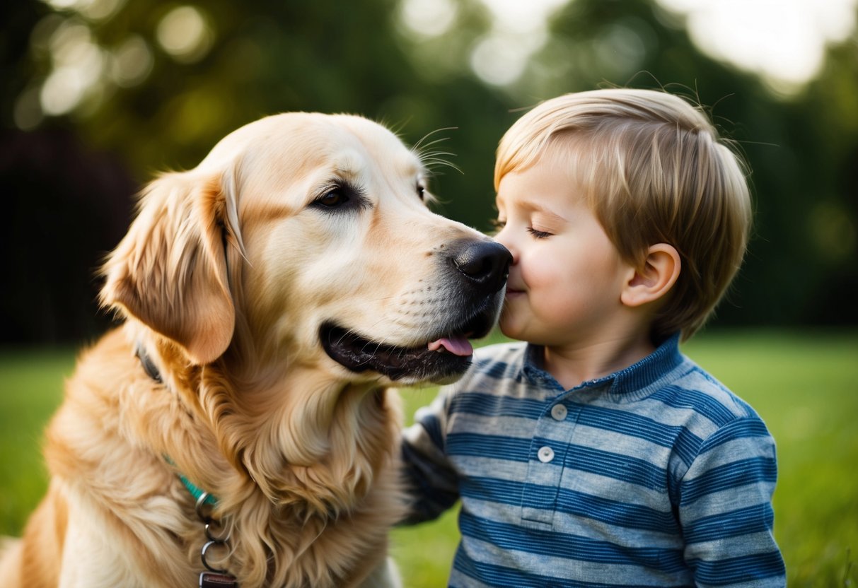 A golden retriever gently nuzzling a young child, both with warm, caring expressions