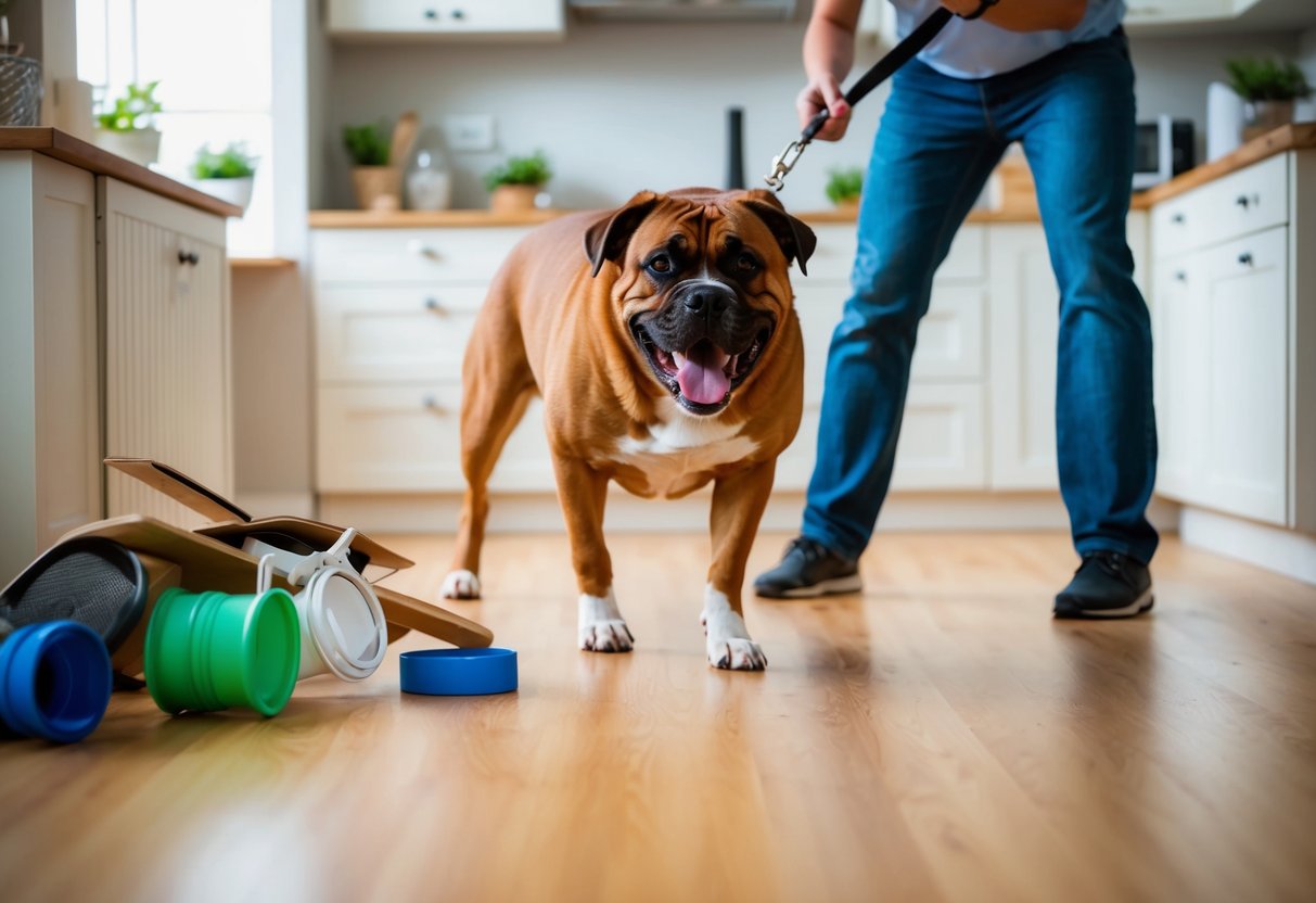 A large, energetic dog pulls on its leash, knocking over household items as the frustrated owner tries to regain control