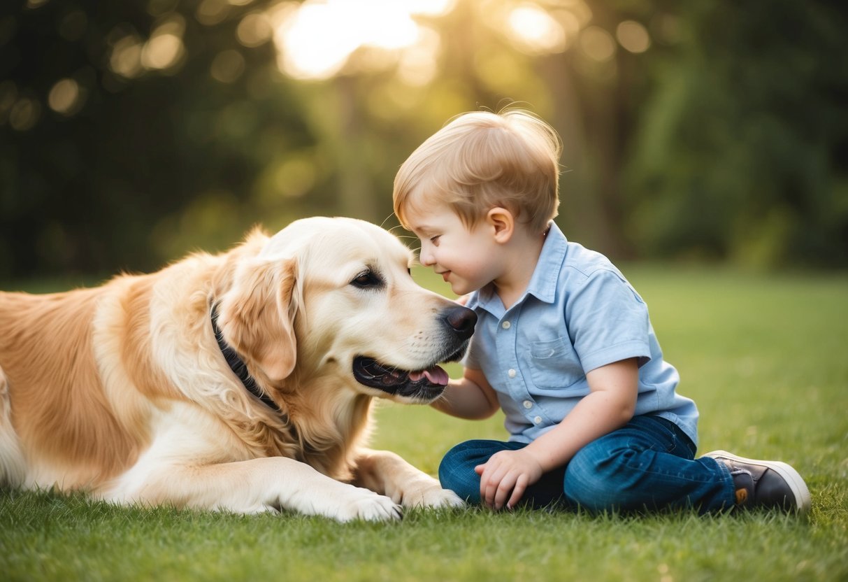 A golden retriever lying calmly next to a child, gently nuzzling their hand with a content expression