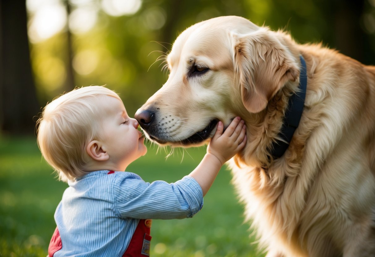 A golden retriever gently nuzzling a small child's hand, with a look of pure adoration in its eyes