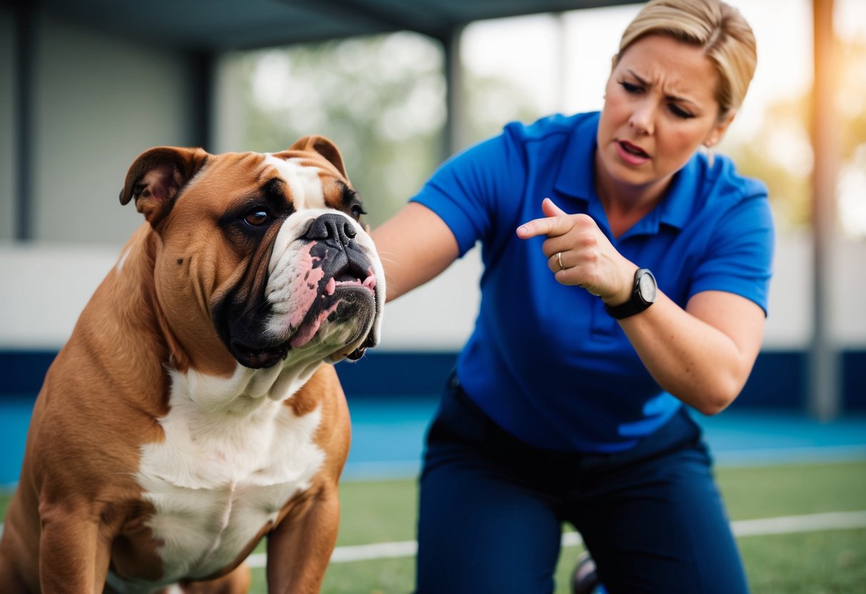 A stubborn bulldog stubbornly refuses to follow commands, while a frustrated trainer looks on