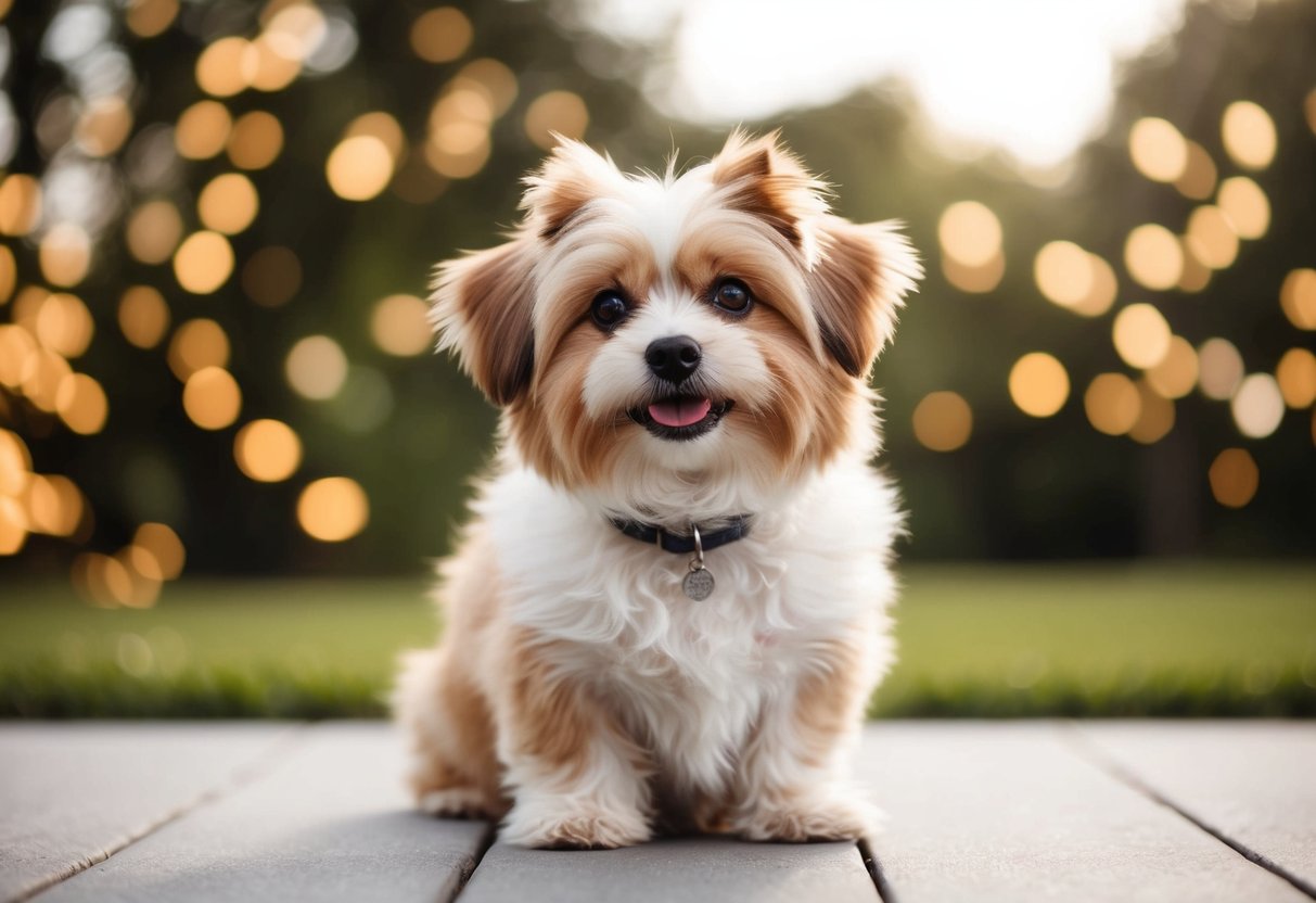 A small, fluffy dog sitting calmly with a friendly expression