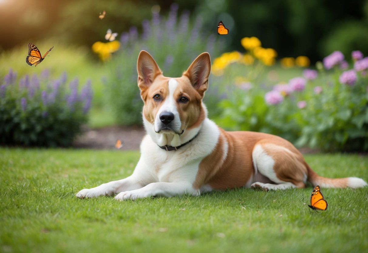 A calm, gentle dog breed lounging in a peaceful garden setting, surrounded by flowers and butterflies