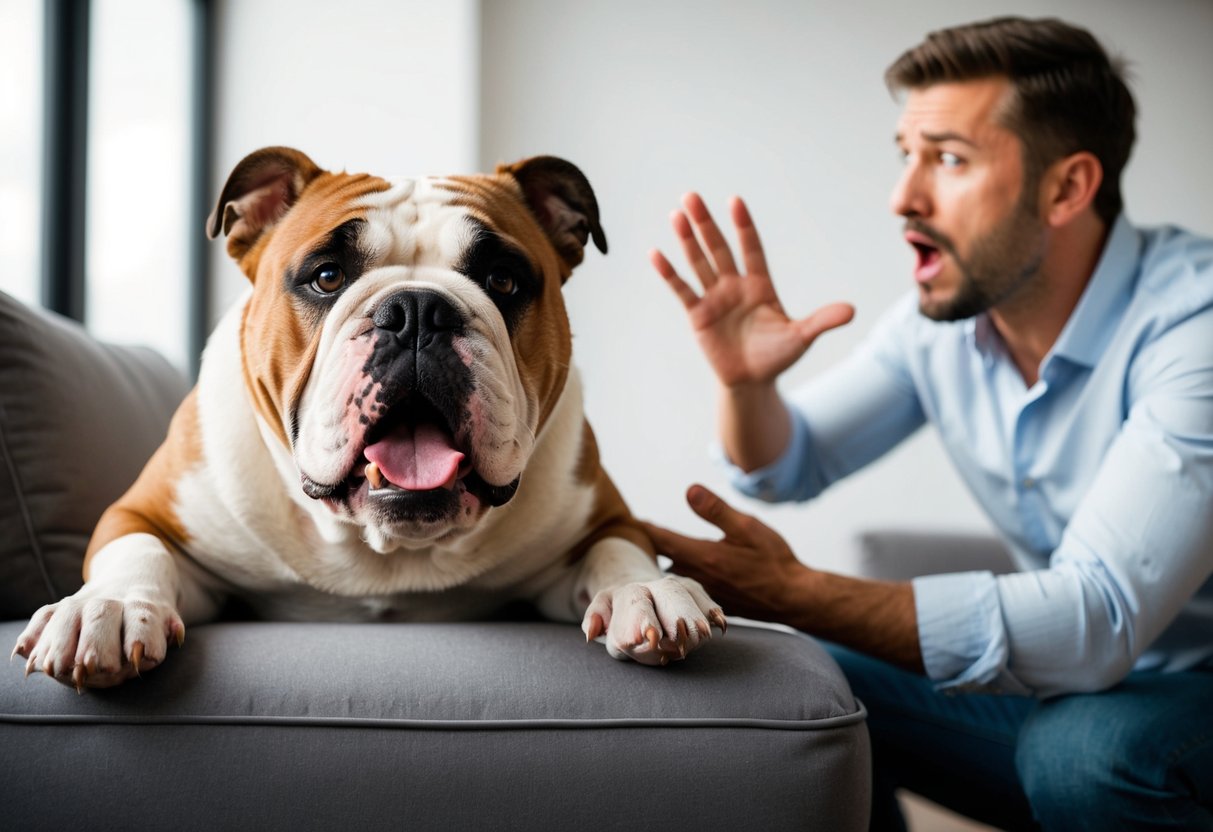 A stubborn bulldog ignores commands, chewing on furniture while a frustrated owner gestures helplessly