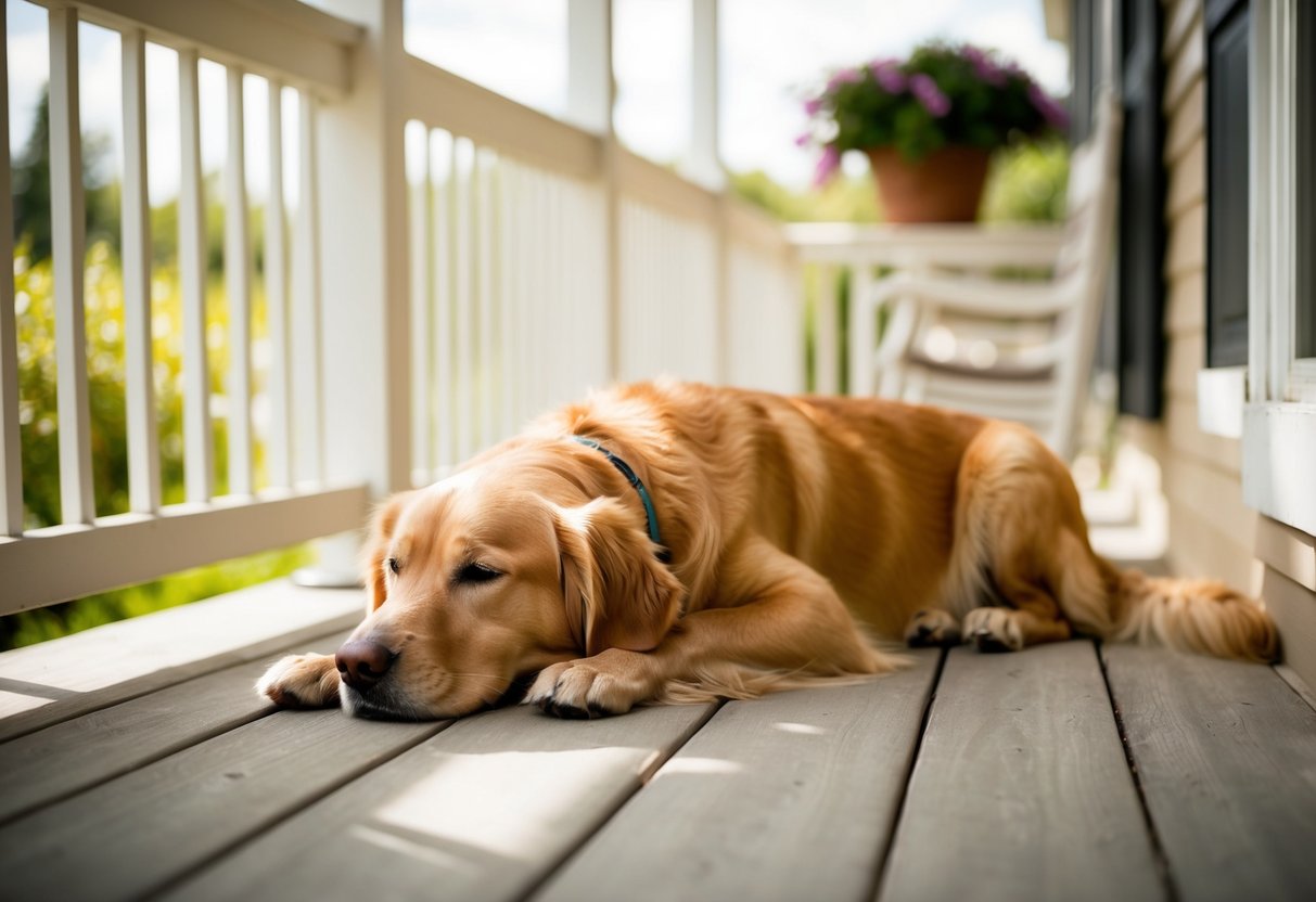 A golden retriever lounges on a sun-dappled porch, eyes half-closed, tail wagging lazily. The peaceful scene is complete with a gentle breeze and a contented sigh