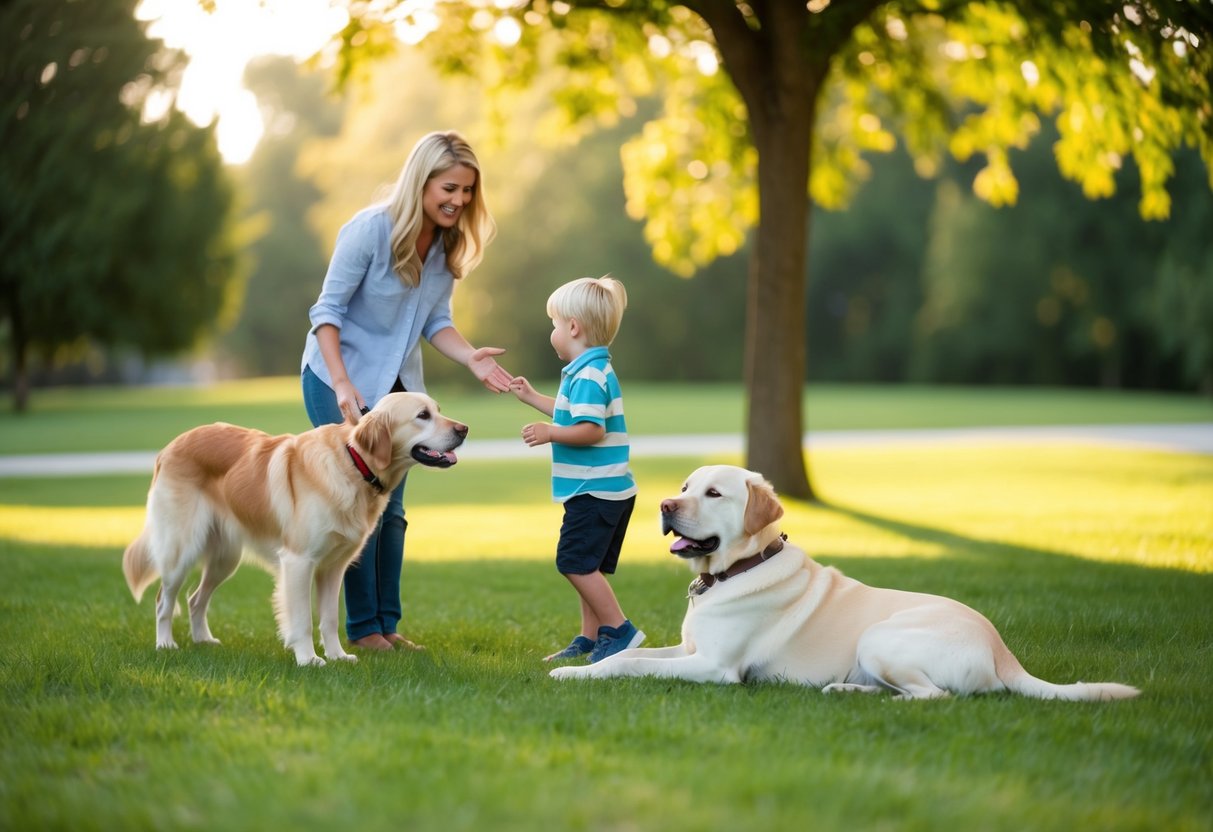A golden retriever calmly approaches a child, wagging its tail. Nearby, a placid Labrador lies contentedly in the shade